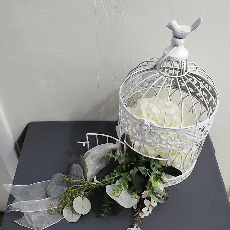 White Birdcage Centerpiece with Artificial Hydrangea, Ribbon, 2 Pack Hydrangea