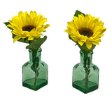 (2) Single Artificial Sunflowers In a Green Clear Glass Vase NEW Sunflower