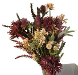 Hand Tied Artificial Flower Bouquet With Burgundy Purple Cream and Green Tones Sunflower