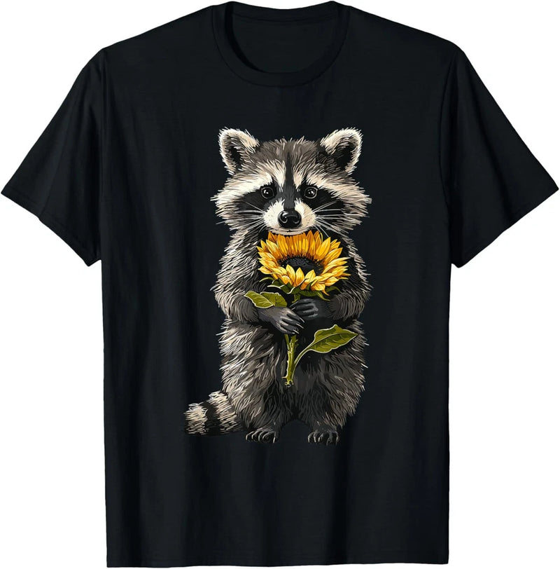 Raccoon Holding Sunflower Cute Flower Mothers Day T-Shirt Sunflower