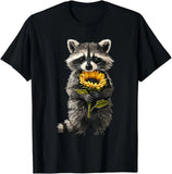 Raccoon Holding Sunflower Cute Flower Mothers Day T-Shirt Sunflower