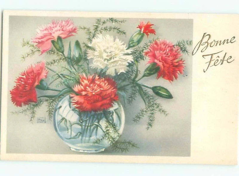 Vintage postcard with red and pink carnations in a glass vase