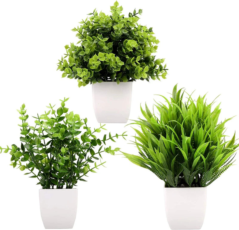 3Pack Mini Fake Plants in Pots,Artificial Plastic Eucalyptus Plants,Wheat Grass Green Plant