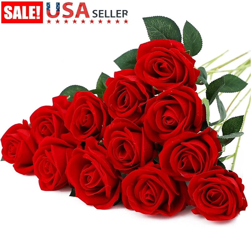Artificial red silk rose bouquet with green leaves and realistic petals