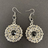 Vintage Silver Toned Sunflower Shaped Black Faceted Gems Lobe Dangle Earrings Sunflower