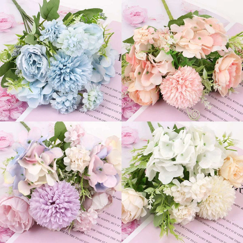 Artificial peony flower bouquets, multi-color peony blooms with green leaves