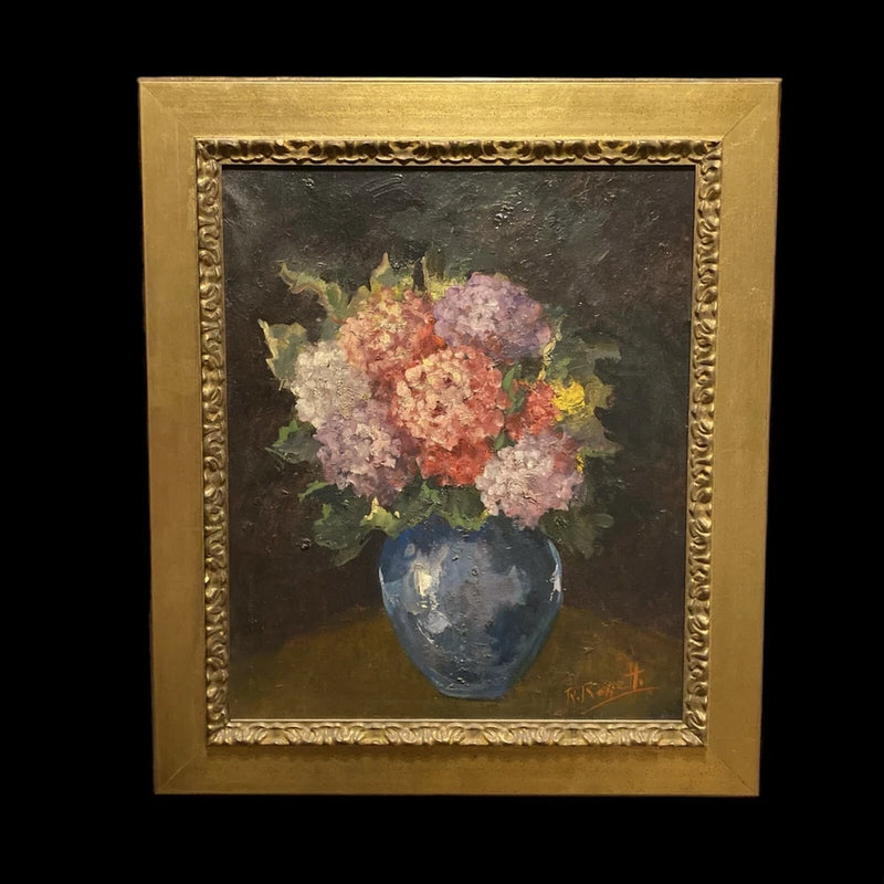 Floral Still Life Oil Painting Large Gilt Framed Hydrangeas 24 in x 20 in Hydrangea