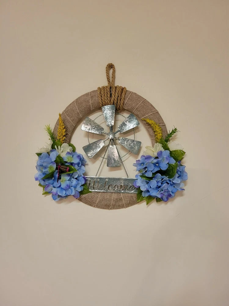 WELCOME windmill COUNTRY flowers Hydrangeas blue white burlap WREATH Rustic Door Hydrangea