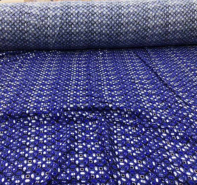 Challis Rayon Apparel Fabric Blue White Black Geometric E320 Flowering Plants