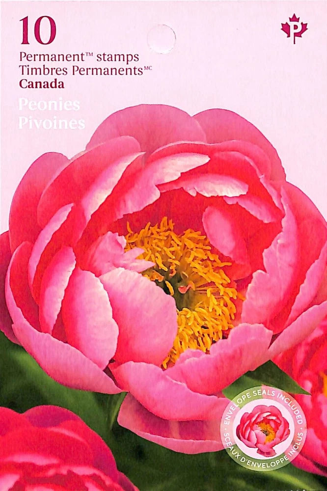 Canada 10 Permanent peony stamp with bright pink flower and yellow center