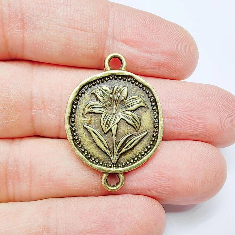 Lily Flower Charms, Round Connector , Antique Bronze Plated 34x24mm G37742 Lily