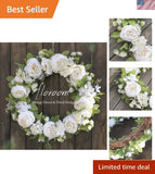 Floral Wreath, Door Wreath, 20'' Artificial White Peony Hydrangea Wreath for ... Hydrangea