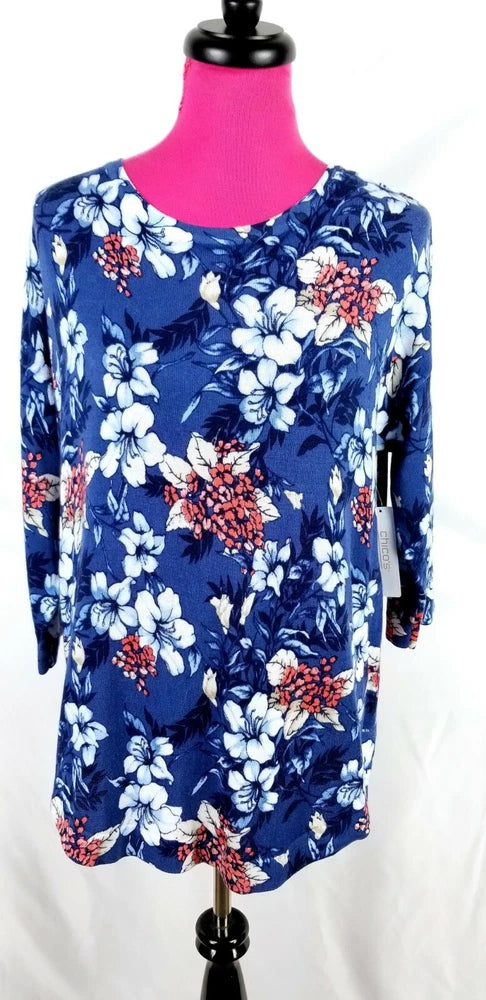 NWT Chicos Pullover Sweater Womens Size L Carnation Coral Floral Shirttail Carnation
