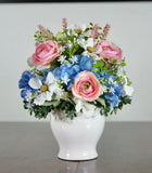Silk Pink Ranunculus and Blue Hydrangea Arrangement in White Ceramic Bowl Hydrangea