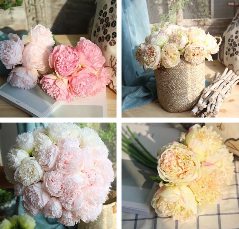 Artificial silk peony flower bouquet with layered pink and cream blooms in a burlap pot