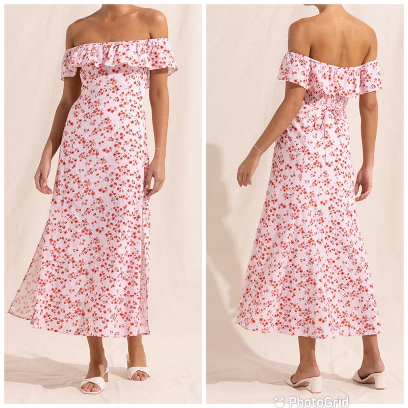 White off-shoulder midi dress with red floral print, fitted bodice and flared skirt