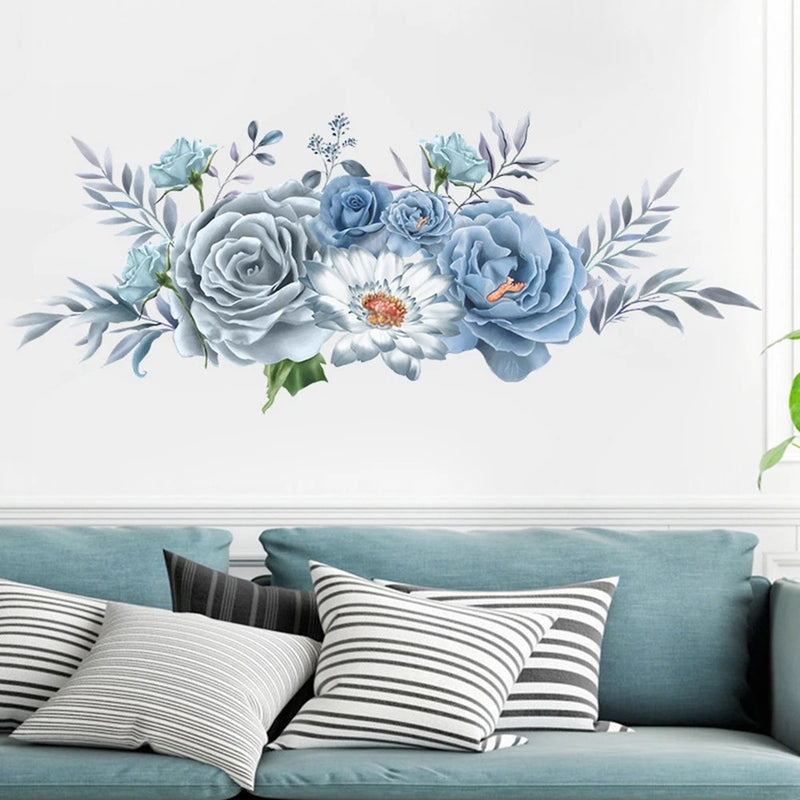 Pastel peony flower wall sticker mural with blue and gray blooms and leafy branches