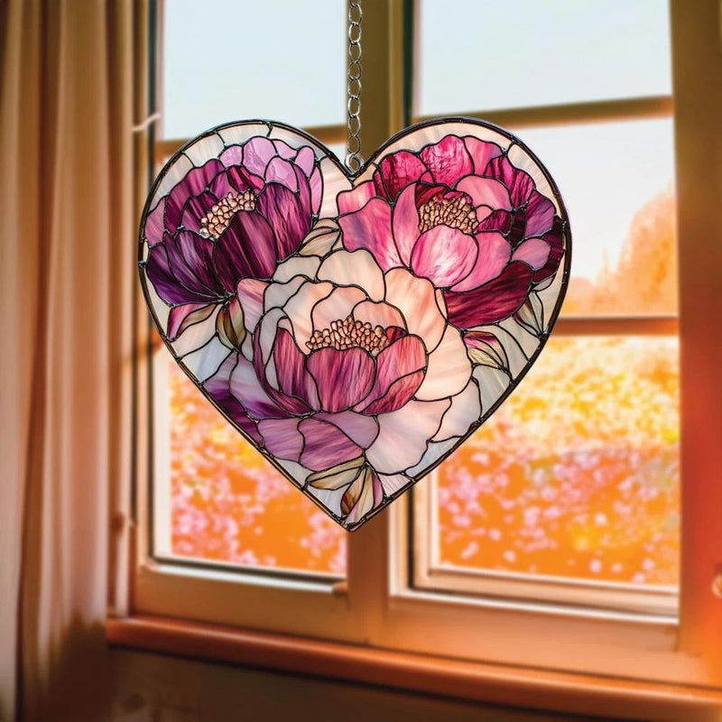 Heart-shaped acrylic suncatcher ornament with pink peony flowers in stained-glass style