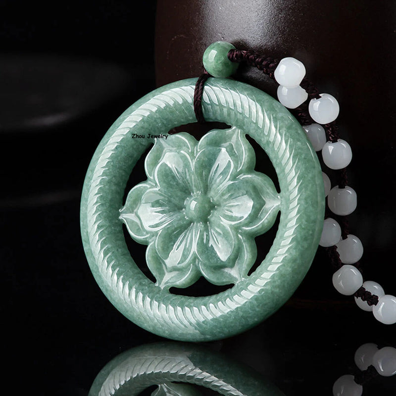 Real Grade A Natural Green Jade Jadeite Women Lucky Peony Flower Pendant 56*6mm Peony