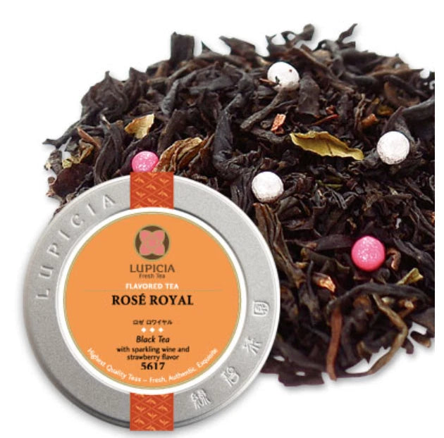 LUPICIA Rose Royal flavored tea tin with loose black tea and rose petals