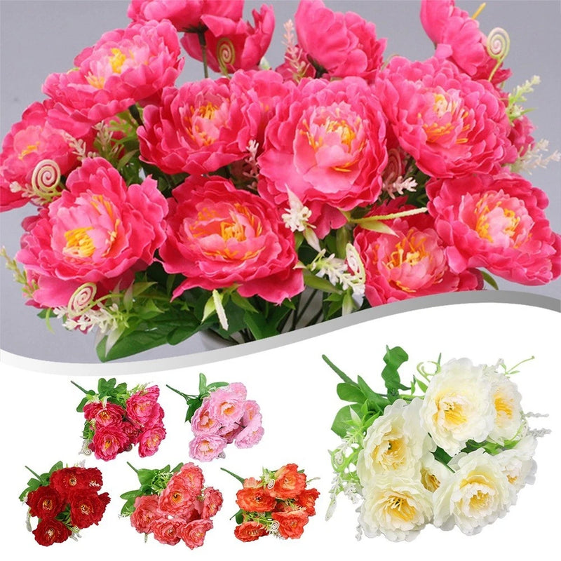 Artificial peony flower set of 7 with pink and white blooms, green leaves and stems