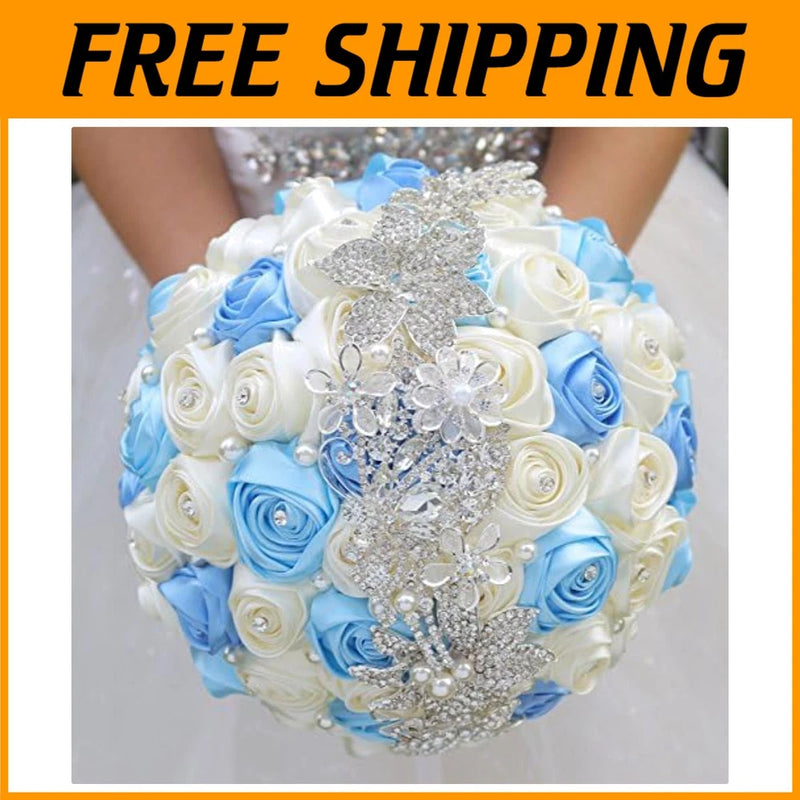 Bridal bouquet with blue and white roses and sparkling rhinestone crystal accents