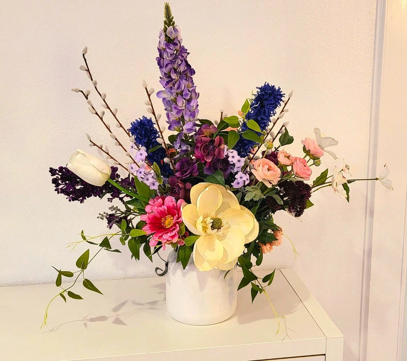 "Wildflower Meadow" Colorful Faux Floral Arrangement w/ Large Southern Magnolia Ranunculus