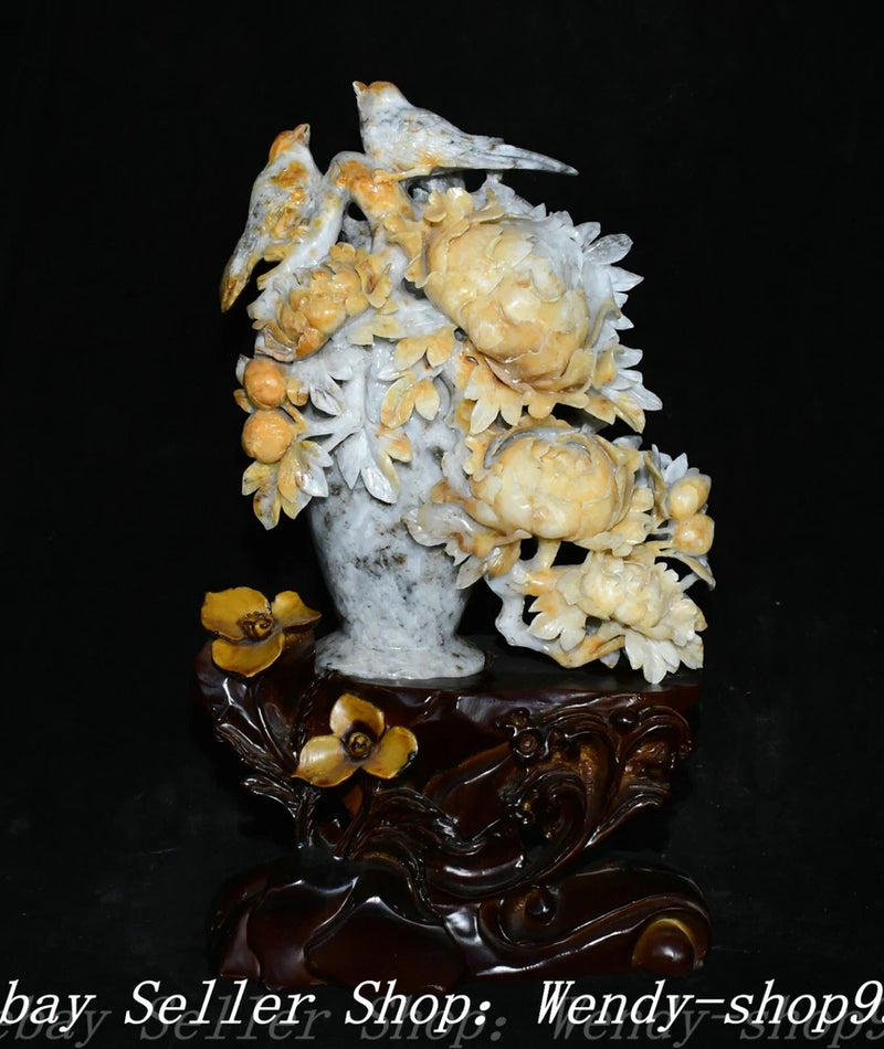 Jade-carved peony flower bird magpie vase sculpture, layered floral and bird details