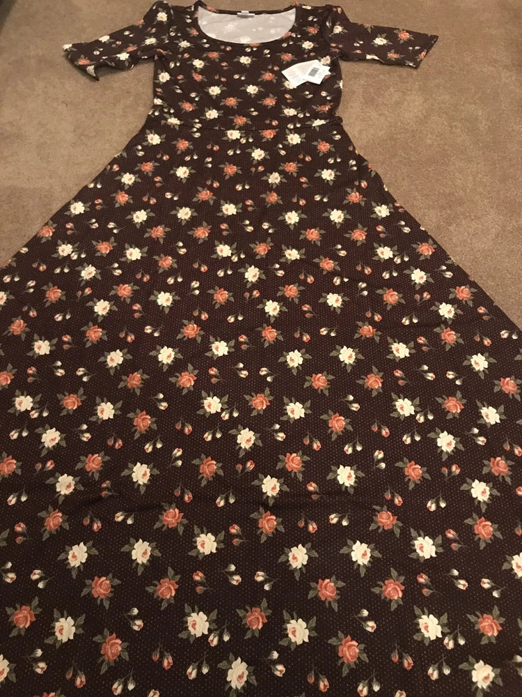 Women’s brown floral swing dress with long sleeves and full skirt