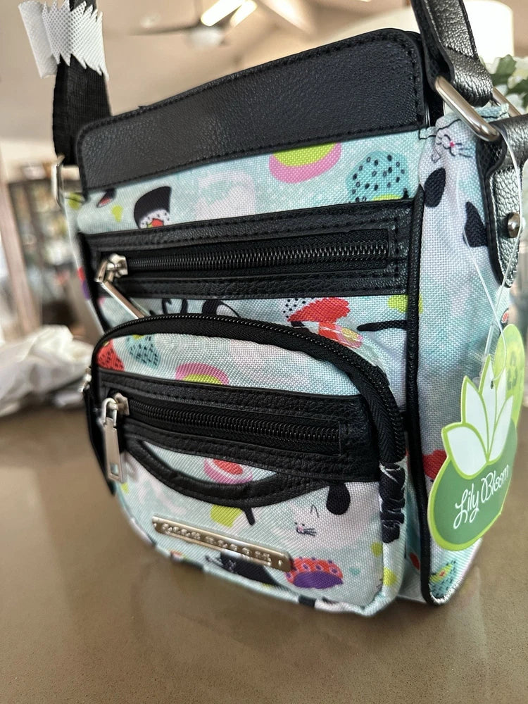 Small crossbody bag with cat sushi print, black trim, dual front zips, silver hardware