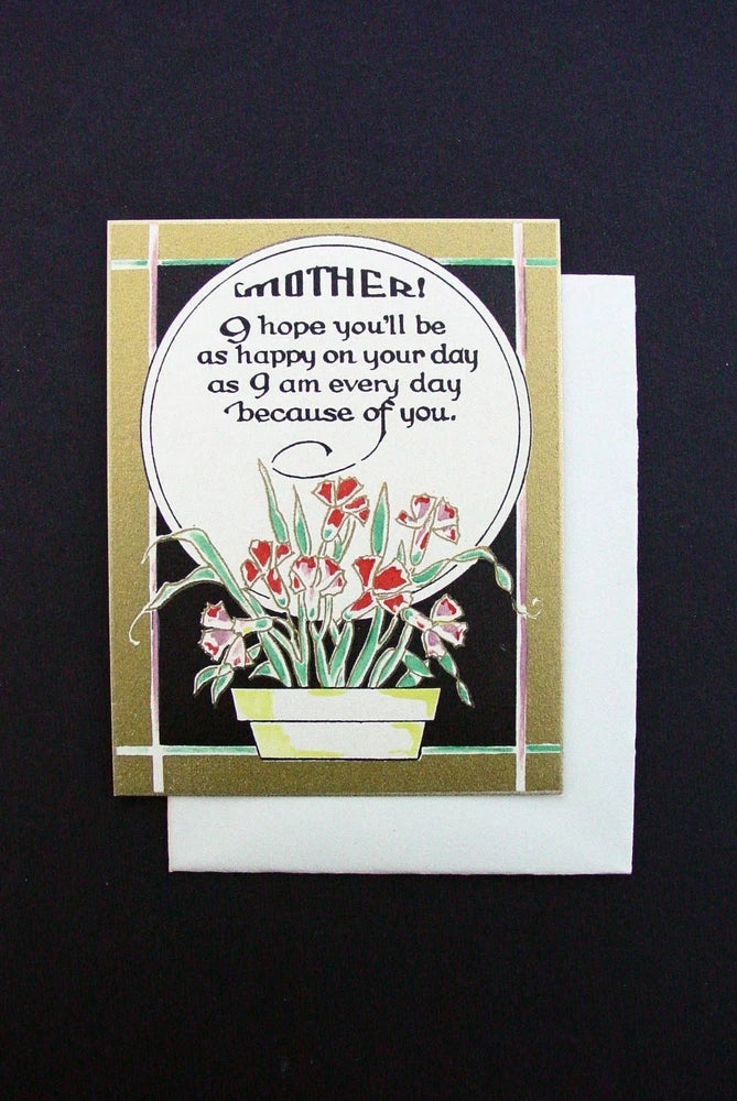 Unused Art Deco Mother's Day Greeting Card, Carnation Flower Pot, Gold Embossed Carnation