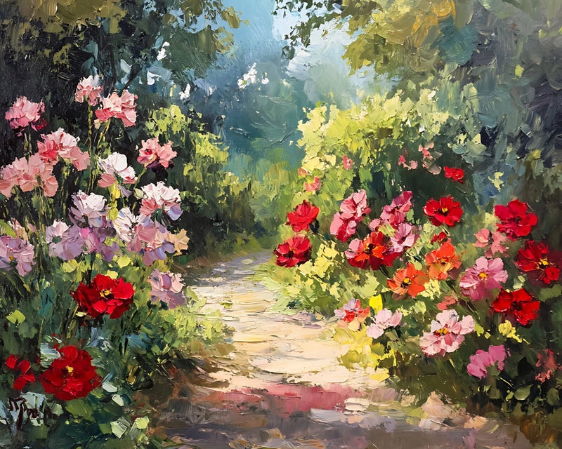 Garden with blooming carnations oil painting 8x10 Print Carnation