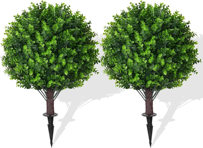 Artificial eucalyptus topiary ball trees, 2-pack, green round foliage with dark trunks