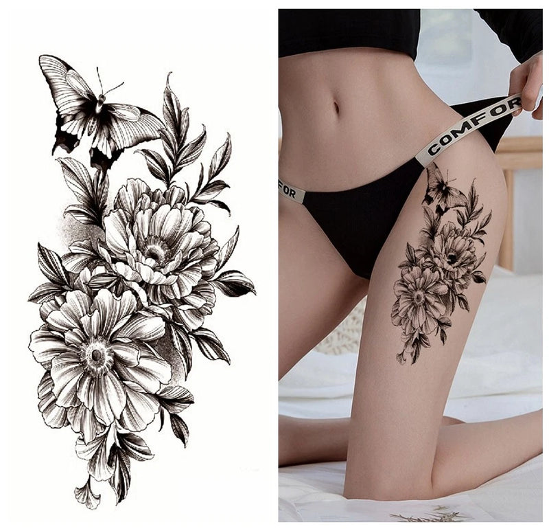 Peony flower and butterfly temporary body tattoo, black ink floral design on skin