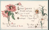 Children Little Ladies with Roses Lilies,Charming Day Greeting Flowers Vintage Lily