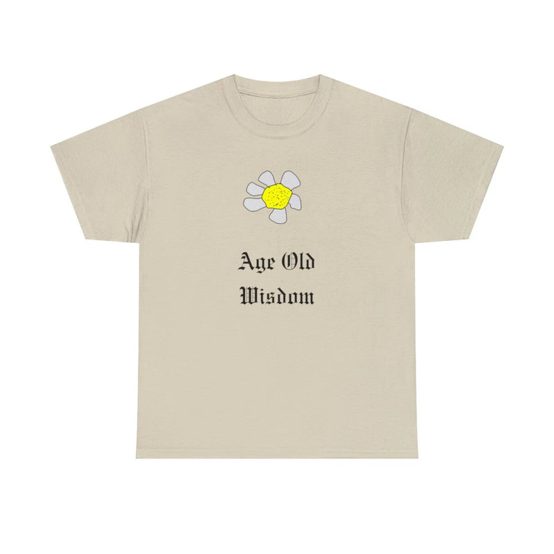 Light beige T-shirt with drawn sunflower graphic and Age Old Wisdom text