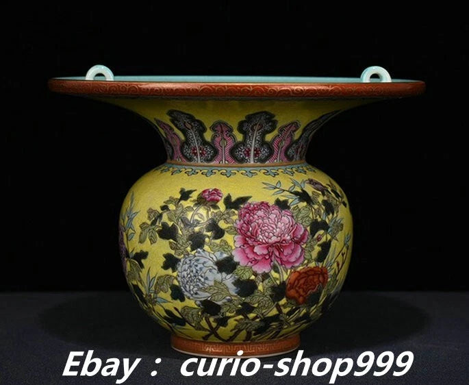 6.3" Qianlong Enamel Colour Porcelain Gilt Peony Flower Pattern Zha Dou Statue Peony