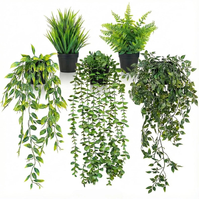 5 Pack Fake Plants for Wall Home Room Office,Artificial Hanging Plants,Small ... Green Plant