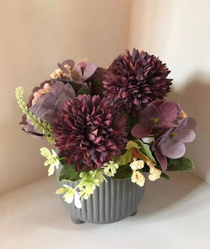 Artificial Silk Purple Hydrangea Peony Bouquet Flowers In Cement Grey Vase New Hydrangea