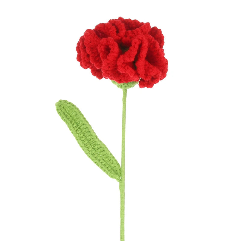 Handmade knitted red carnation flower with green stem