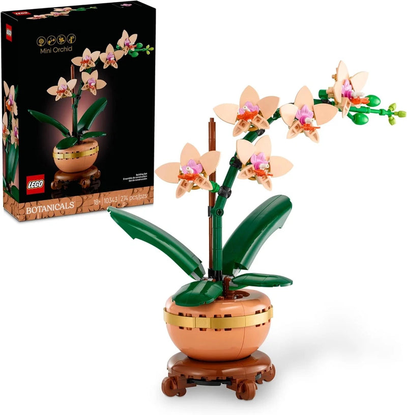 Artificial mini orchid building set with green leaves and pink-purple flowers in pot