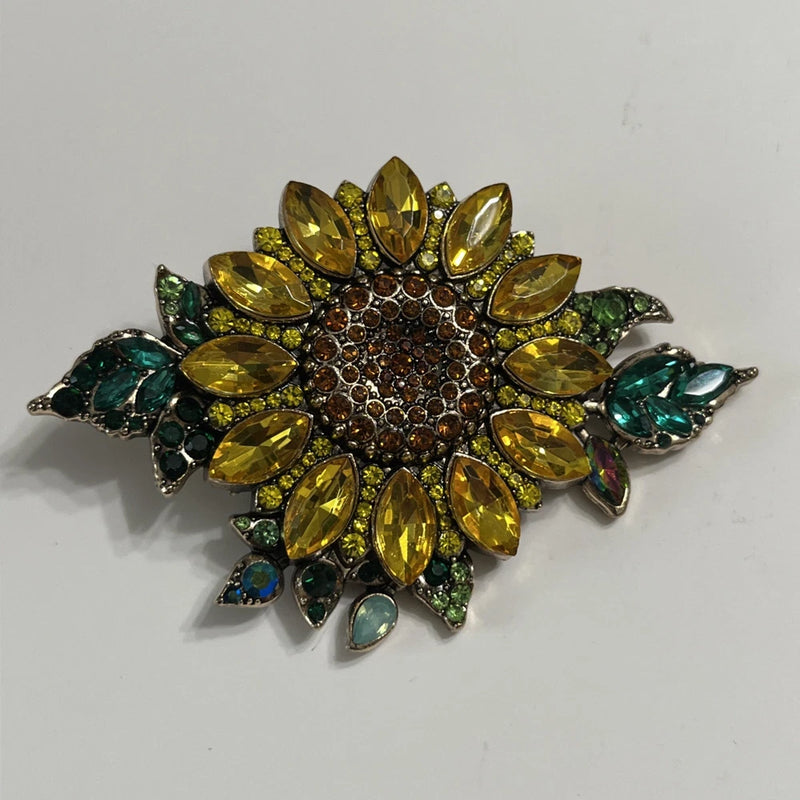 Gold Tone Yellow Marquise Rhinestone Brooch Orange Center Pin Sunflower