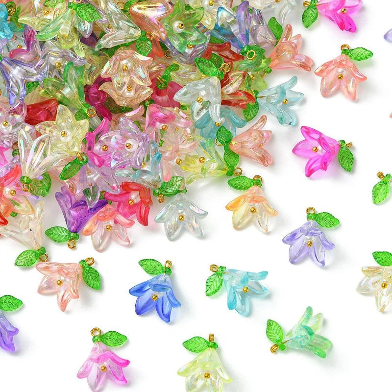 Transparent acrylic lily flower pendants, gradient colors, mixed set of small charms