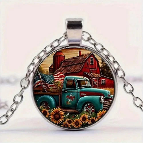 Truck Sunflower Round Pendant Necklace Sunflower