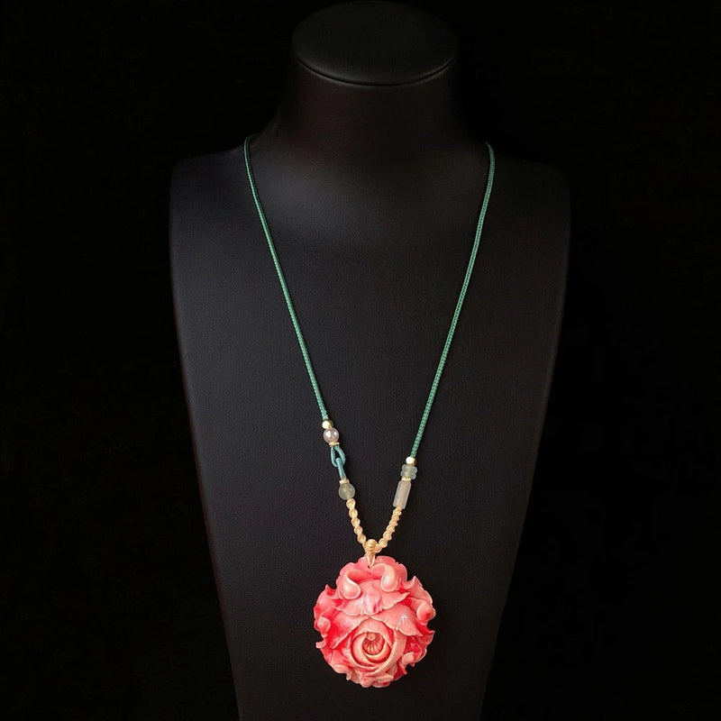 Long chain necklace with peony flower pendant, turquoise and pearl bead accents