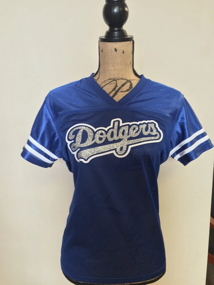 Women’s blue Dodgers glitter baseball jersey with V-neck and sleeve stripes