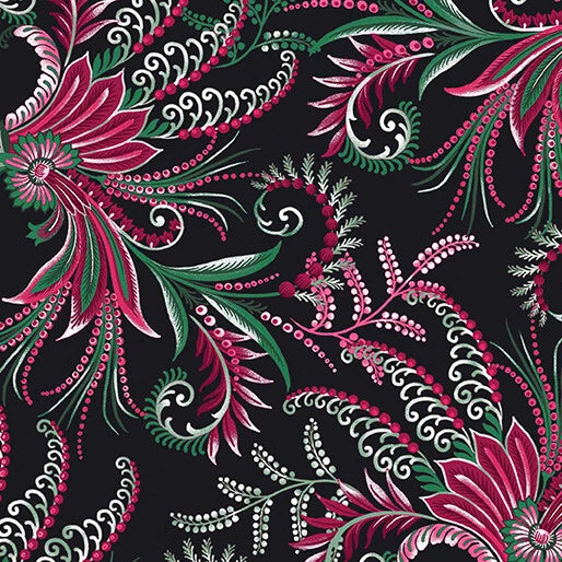 Winterberry Floral cotton quilt fabric Benartex 14021P12B Scroll Multi Black Flowering Plants
