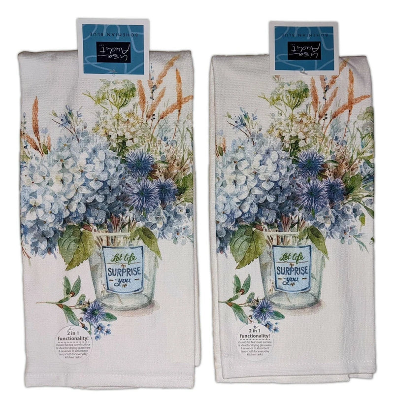 Set of 2 Bohemian Blue HYDRANGEA BOUQUET Terry Kitchen Towels by Kay Dee Designs Bouquet