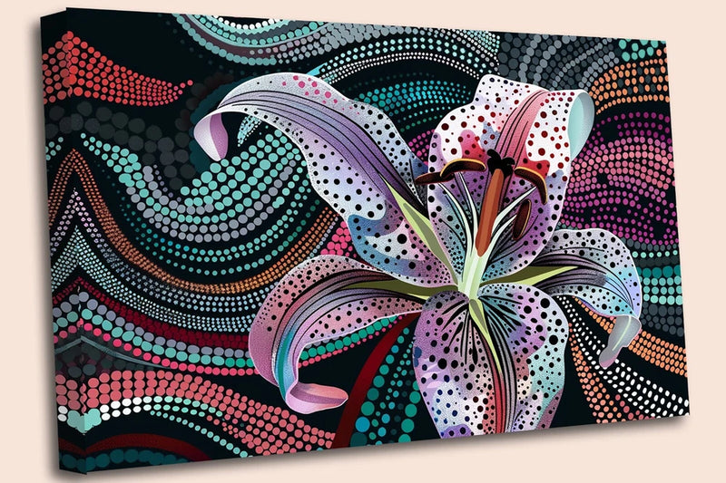 Abstract lily canvas print with colorful floral artwork and dotted wave pattern