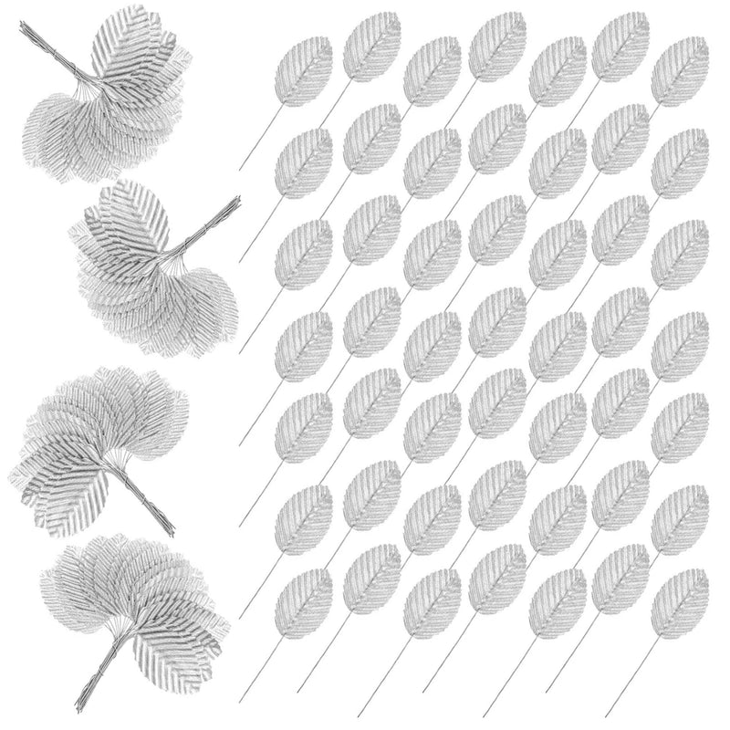Silver artificial faux rose leaves with stems, craft leaf sprigs of single leaves